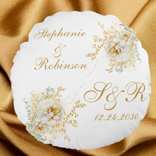 Gold Floral Monogram Logo Wedding Gift Round Cushion