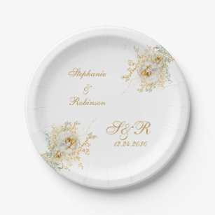 Gold Floral Monogram Logo Wedding  Throw Pillow Paper Plate