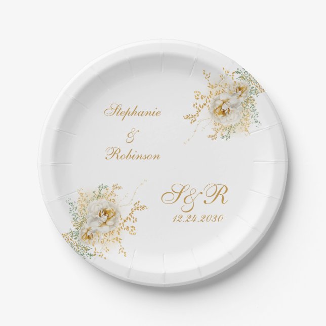 Gold Floral Monogram Logo Wedding  Throw Pillow Paper Plate (Front)