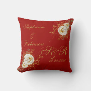 Gold Floral Monogram On Red Christmas Wedding Cushion