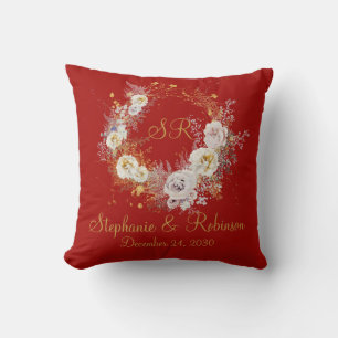Gold Floral Monogram On Red Christmas Wedding Cushion