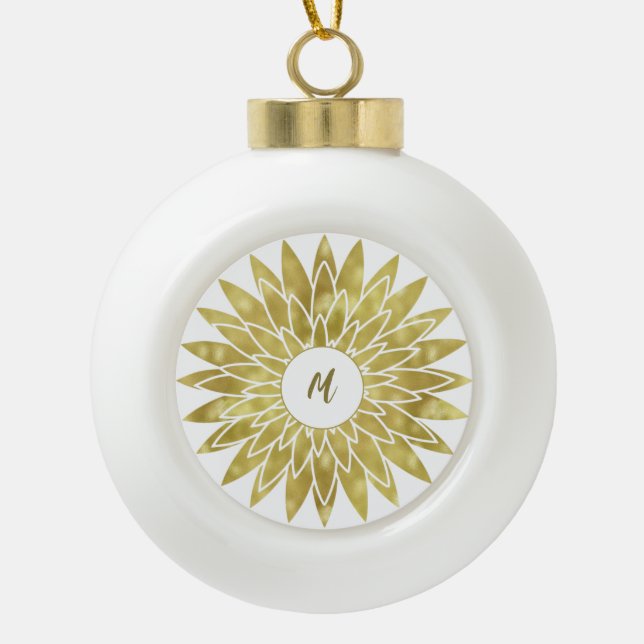 Gold Floral Monogram Pattern Ceramic Ball Christmas Ornament (Front)