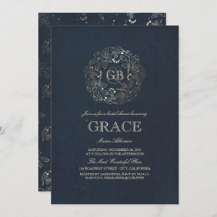 Gold Floral Monogram Vintage Navy Bridal Shower Invitation