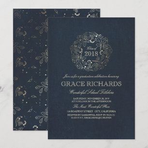 Gold Floral Monogram Vintage Navy Graduation Party Invitation