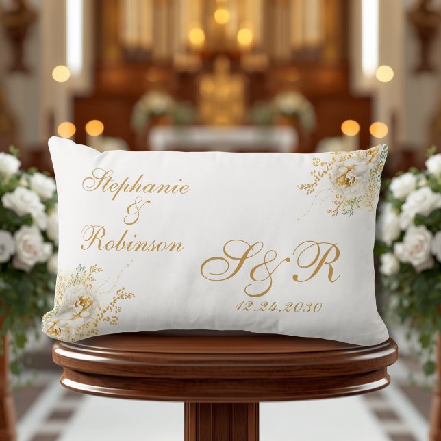 Gold Floral Monogram Wedding Gift Throw Pillow (Creator Uploaded)