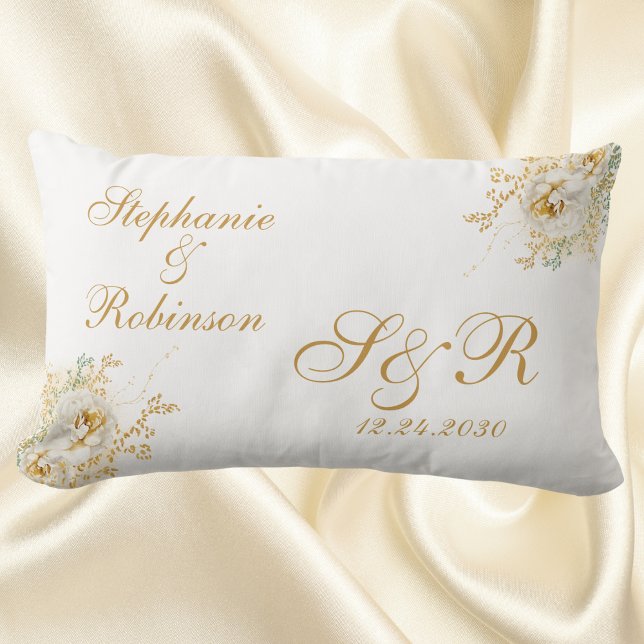 Gold Floral Monogram Wedding Gift Throw Pillow (Creator Uploaded)