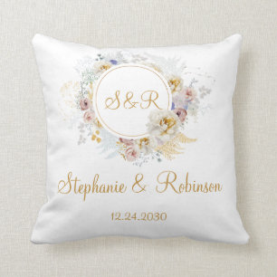 Gold Floral Monogram Wedding Throw Pillow