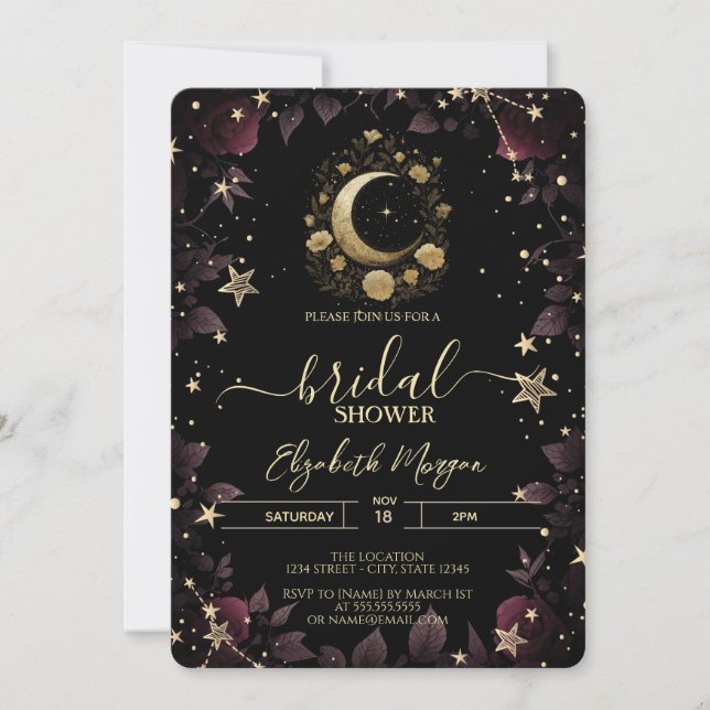 Gold Floral Moon,Stars Roses Bridal Shower Invitation (Front)
