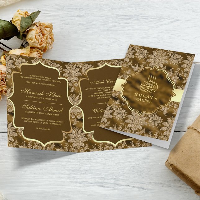 Gold Floral Moss Brown Islamic Muslim Wedding Invitation (Creator Uploaded)