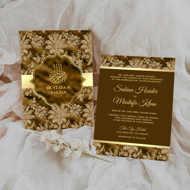 Gold Floral Moss Brown Islamic Muslim Wedding Invitation (Creator Uploaded)