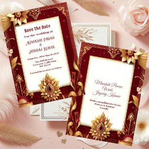 Gold Floral Motif Asymmetric Grand Indian Wedding  Save The Date