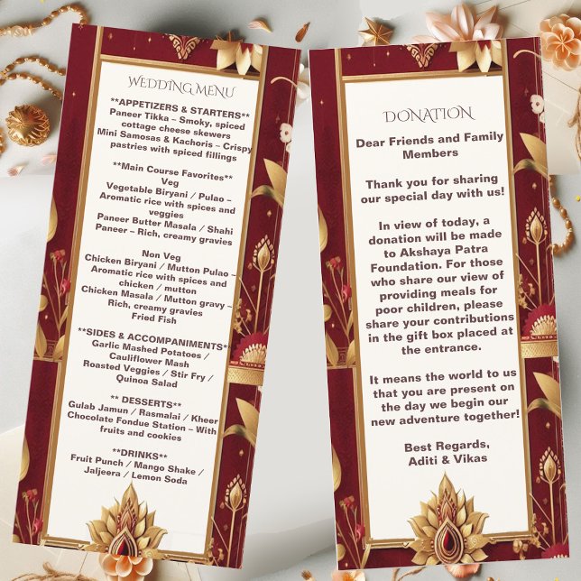 Gold Floral Motif Ornate Asymmetric Indian Wedding Menu (Gold Floral Motif Ornate Asymmetric Indian Wedding Menu)
