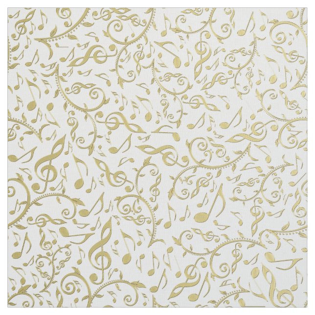 Gold Floral Music Notes and Clefs Pattern Fabric (Swatch)