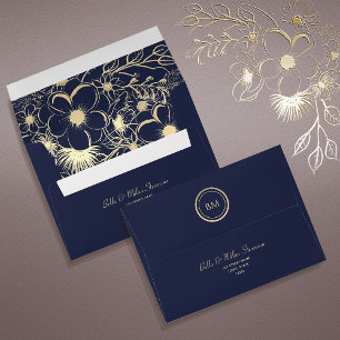 Gold Floral Navy Blue Wedding Envelope