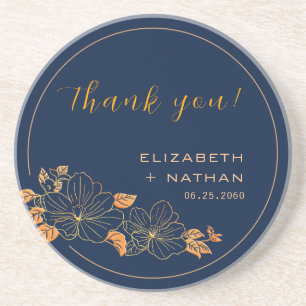 Gold Floral Navy Blue Wedding Thank You Gift Coaster