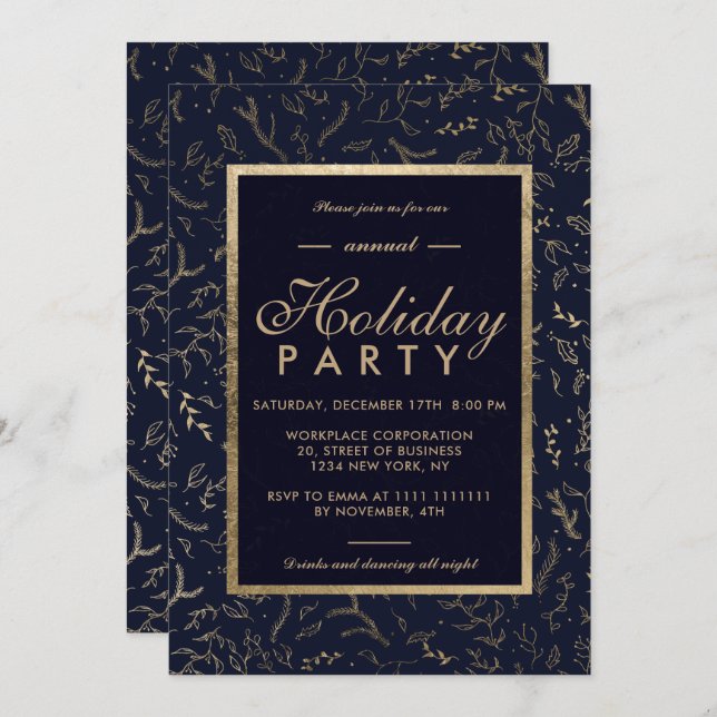Gold floral navy blue winter corporate holiday invitation (Front/Back)