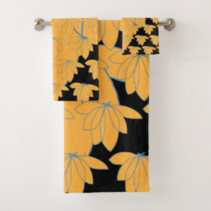 Gold Floral On Black Bath Towel Set