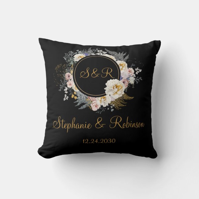 Gold Floral On Black Monogram Wedding Throw Pillow (Front)