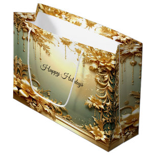 Gold Floral Ornaments Holiday Gift Bag