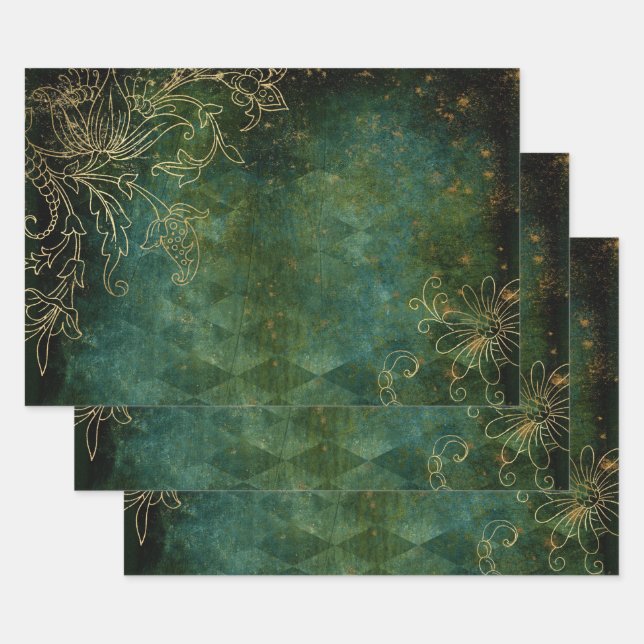 Gold Floral Outlines on Green Wrapping Paper Sheet (Set)