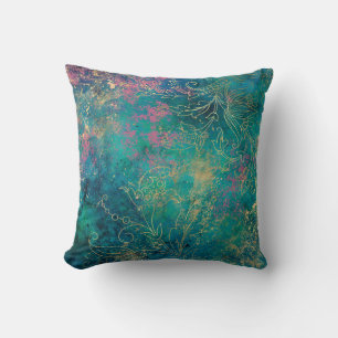 Gold Floral Outlines on Pink Teal Cushion