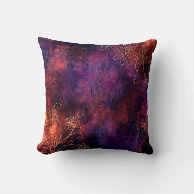 Gold Floral Outlines on Purple Orange Cushion (Front)