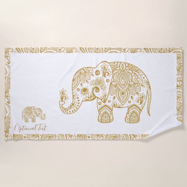 Gold Floral Paisley Elephant Illustration Beach Towel (Front)