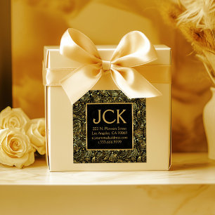 Gold Floral Paisley Pattern On Black Square Sticker