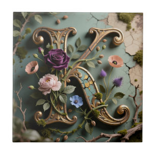 Gold Floral Patina Letter K Monogram Ceramic Tile
