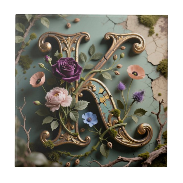 Gold Floral Patina Letter K Monogram Ceramic Tile (Front)