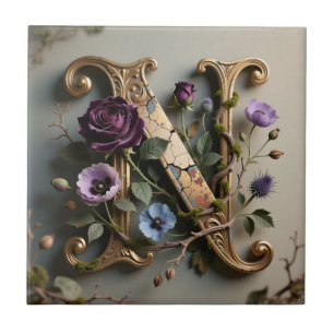 Gold Floral Patina Letter N Monogram Ceramic Tile