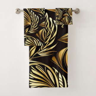 Gold Floral Pattern On Black Bath Towel Set