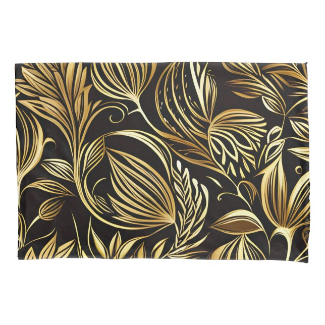 Gold Floral Pattern On Black Pillowcase (Front)