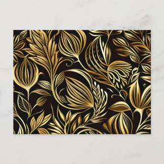 Gold Floral Pattern On Black Postcard