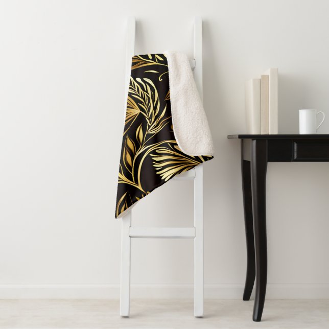 Gold Floral Pattern On Black Sherpa Blanket (In Situ)