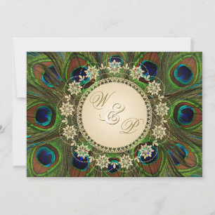 Gold Floral Peacock Feathers Wedding Invitation