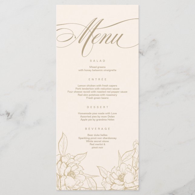 gold floral Peony, Ivory Wedding Menu card (Front)