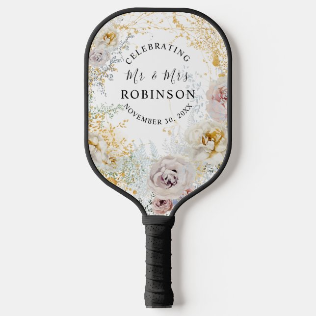 Gold Floral Personalised Wedding Pickleball Paddle (Front)