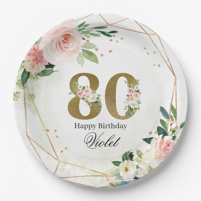 Gold & Floral Personalized Custom 80th Paper Plate (Front)