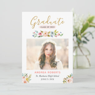 Gold Floral Photo Graduation Announcement