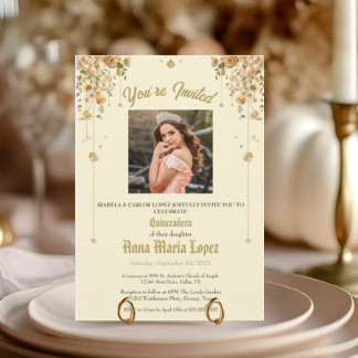 Gold Floral Photo Mis Quince Quinceañera 15th  Invitation