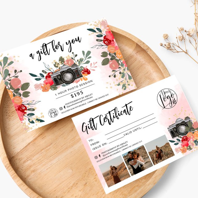 gold floral photographer gift certificate logo (Creator Uploaded)