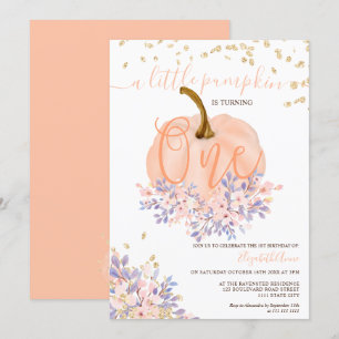 gold floral pumpkin watercolor first birthday invitation