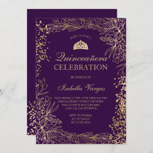 Gold floral purple Tiara chic Quinceañera Invitation