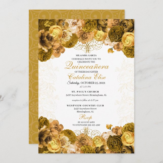 Gold Floral Quinceanera Birthday Invitation (Front/Back)