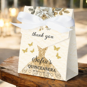 Gold Floral Quinceañera Butterflies Favour Box