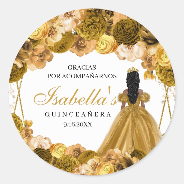 Gold Floral Quinceanera Round Stickers (Front)