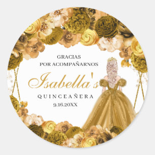 Gold Floral Quinceanera Round Stickers