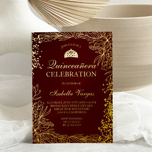 Gold floral red burgundy Tiara chic Quinceanera