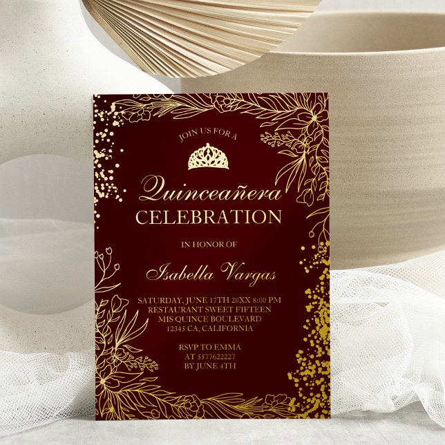 Gold floral red burgundy Tiara chic Quinceanera (Creator Uploaded)